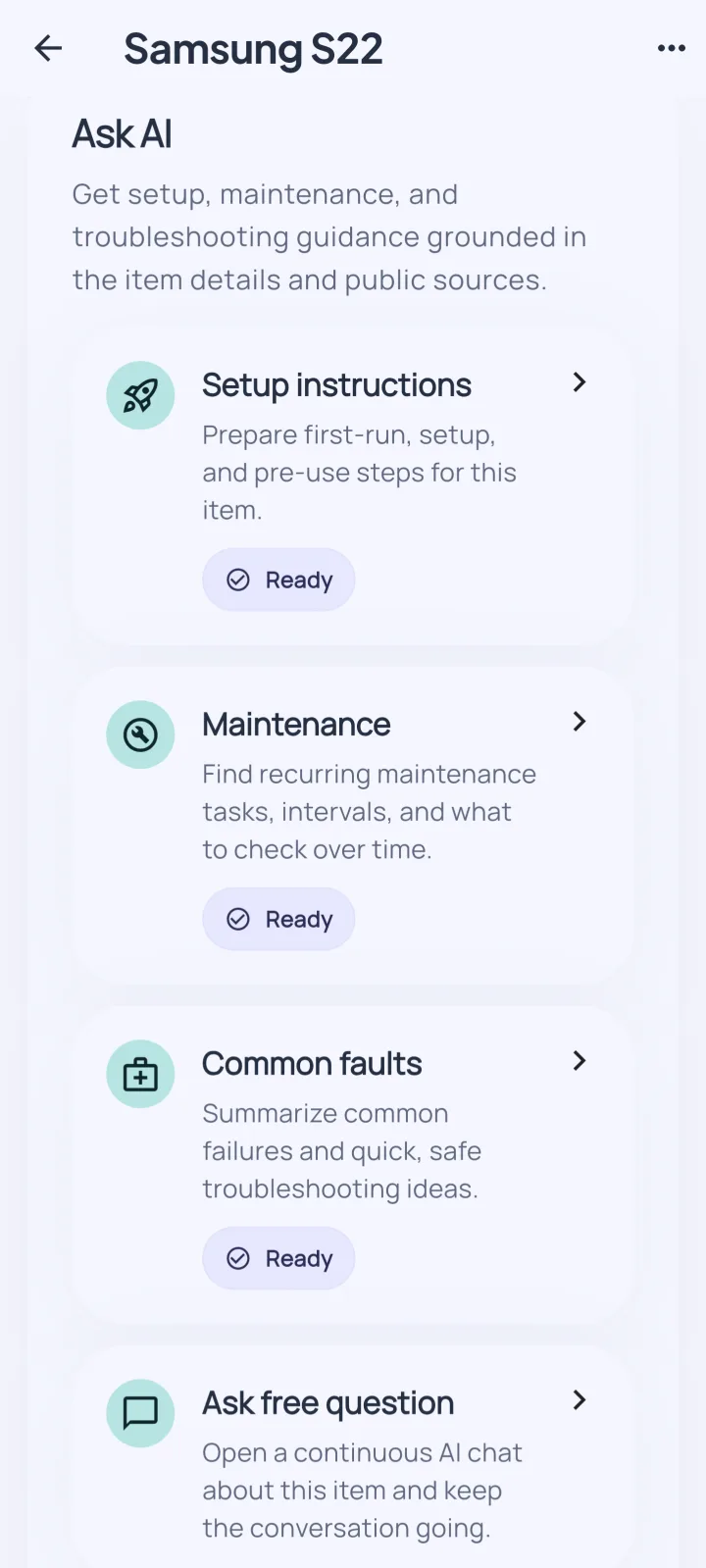 HouseLedger Ask AI view with setup, maintenance, and troubleshooting prompts
