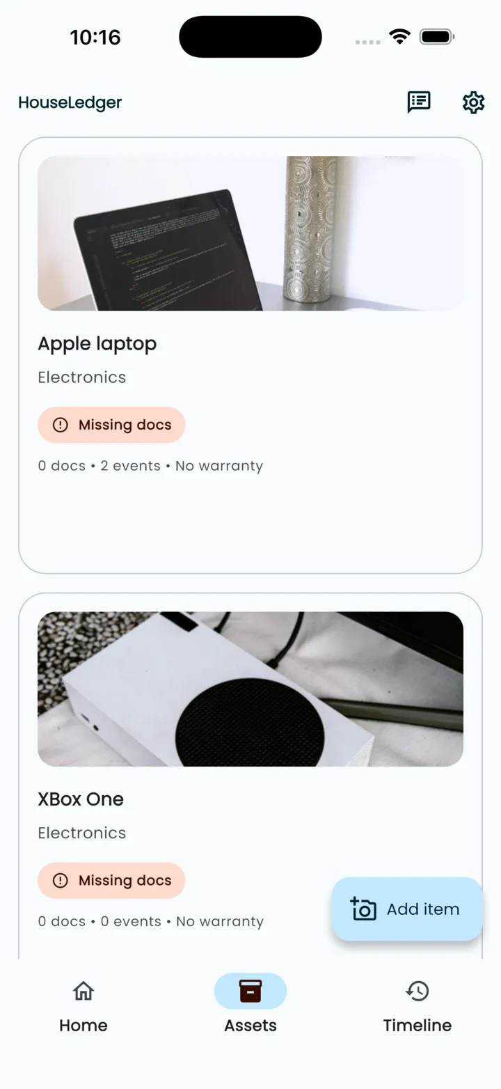 HouseLedger asset list showing item photos and missing document status