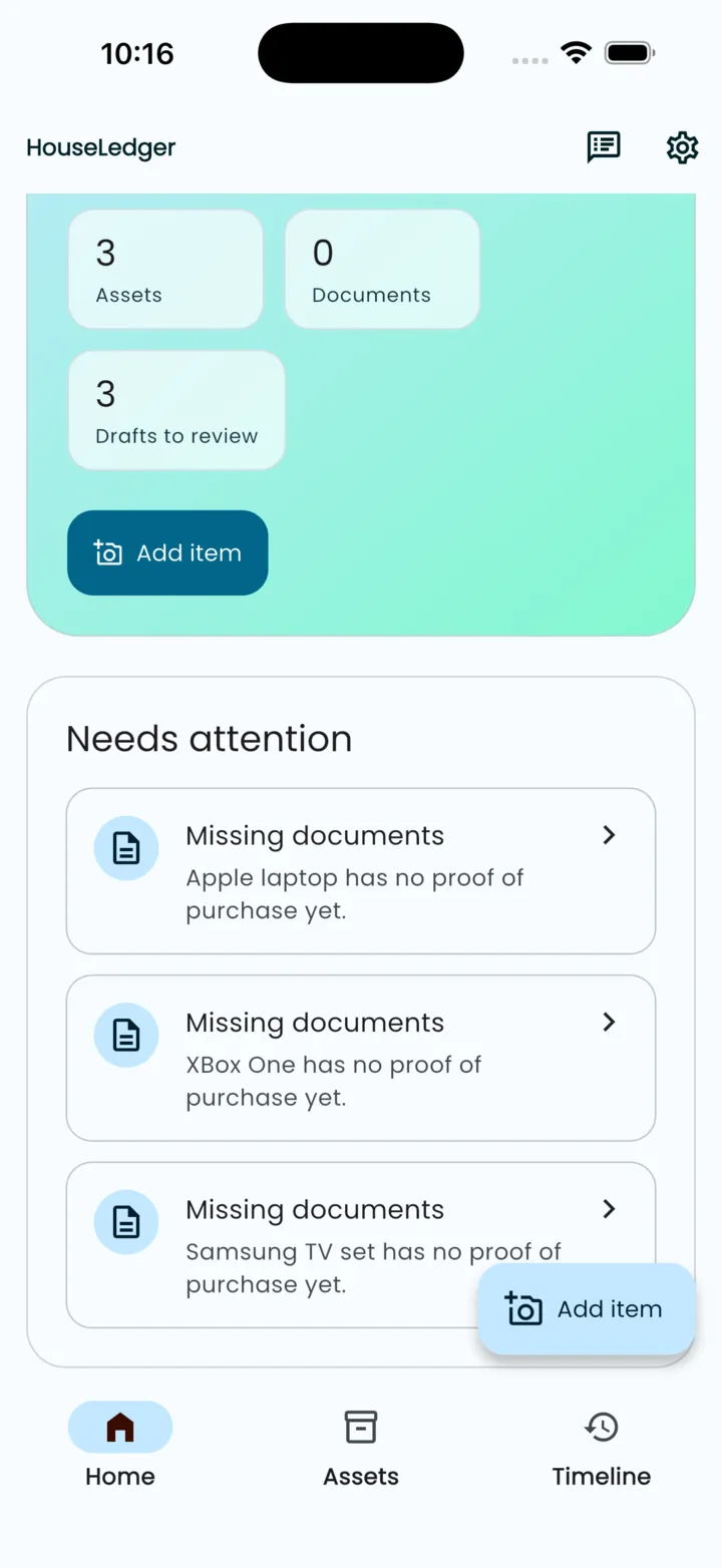 HouseLedger dashboard highlighting items with missing documents