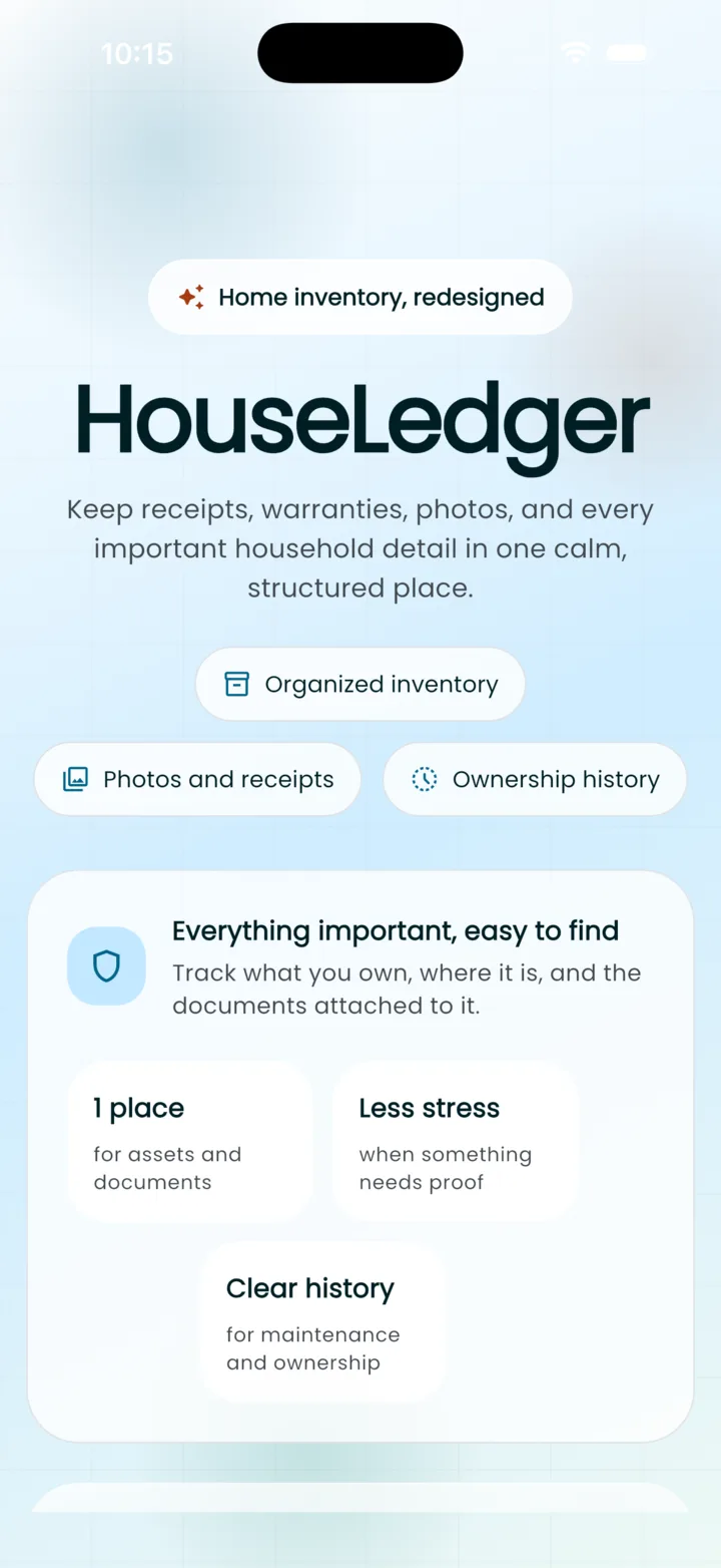 HouseLedger home screen showing recent assets and a recent timeline