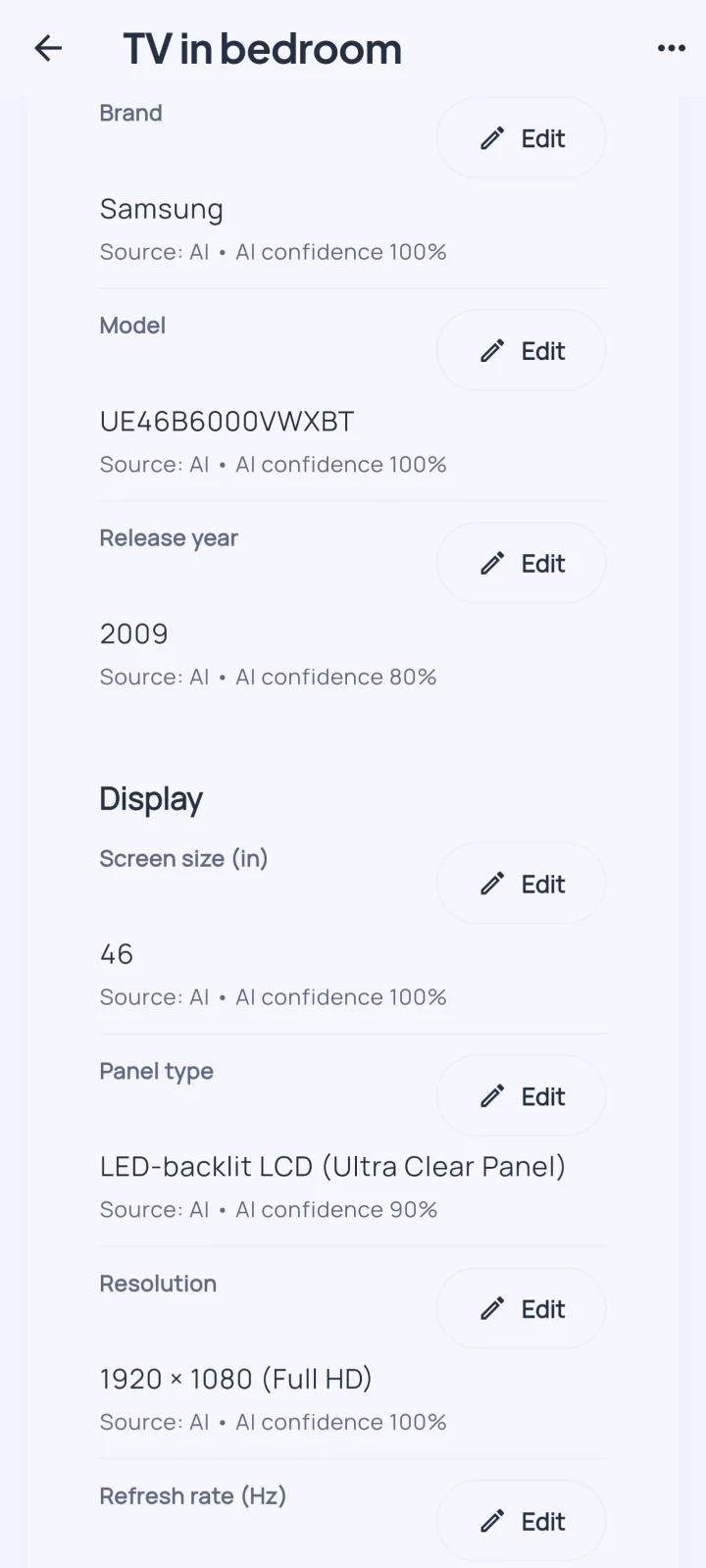 HouseLedger item specification view with editable details and AI confidence indicators